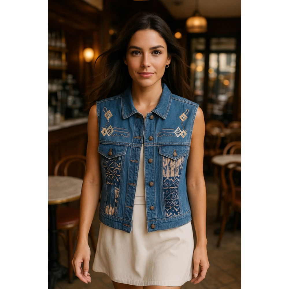 Saint Germain Embroidered Denim Vest Boho Western Artisan Vintage Ranch Festival - Picture 1 of 9